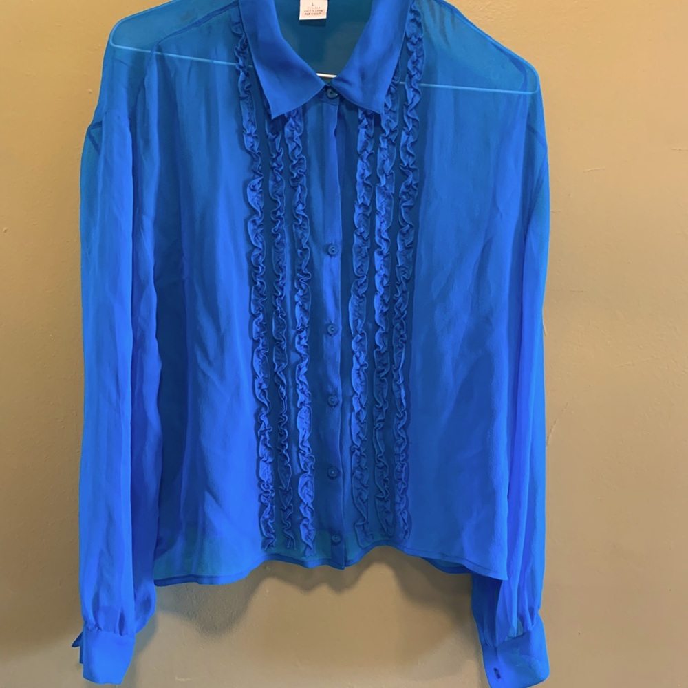 S.L.B. SLB  blue sheer Silk button down ruffle front silk shirt top blouse sz L
